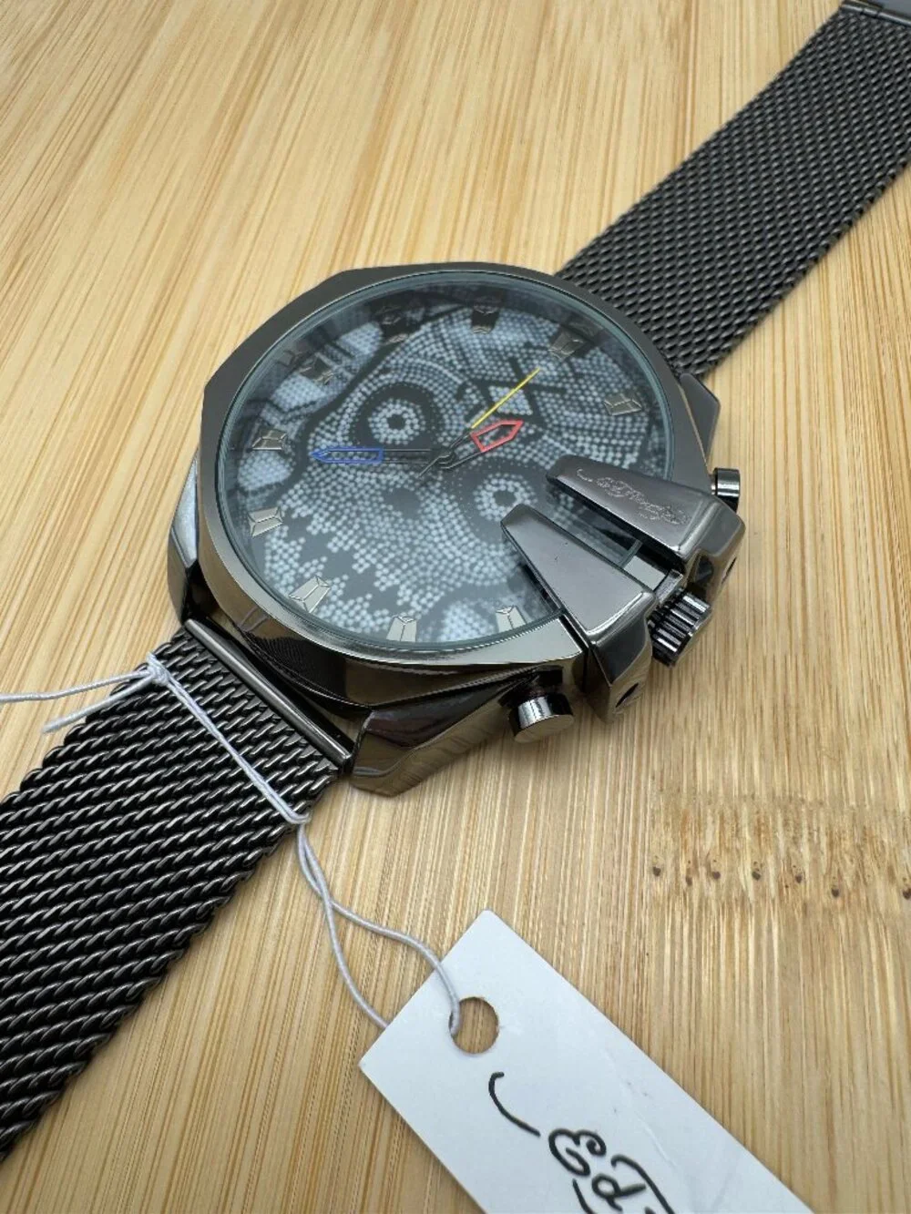 Ed Hardy Men's Skull Gunmetal Mesh Bracelet Watch 53mm Analog Quartz Wristwatch